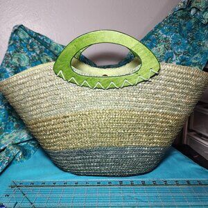 Large Woven Straw Tote Bag with Wooden Handles - Green & Beige Color block